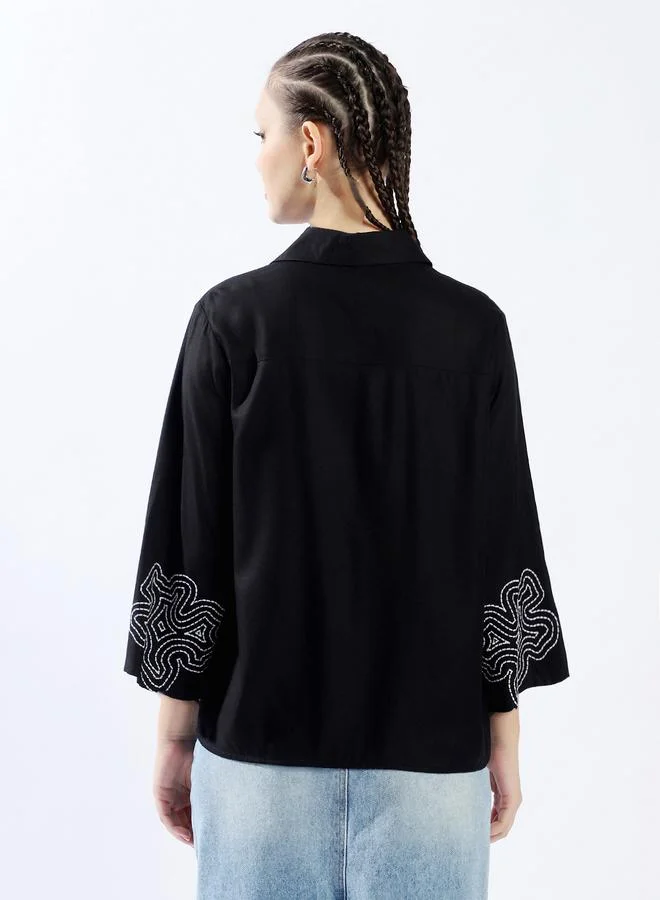 HIGH STAR Women's Multicolour 100% Cotton Embroidered Button Down Oversized Shirt
