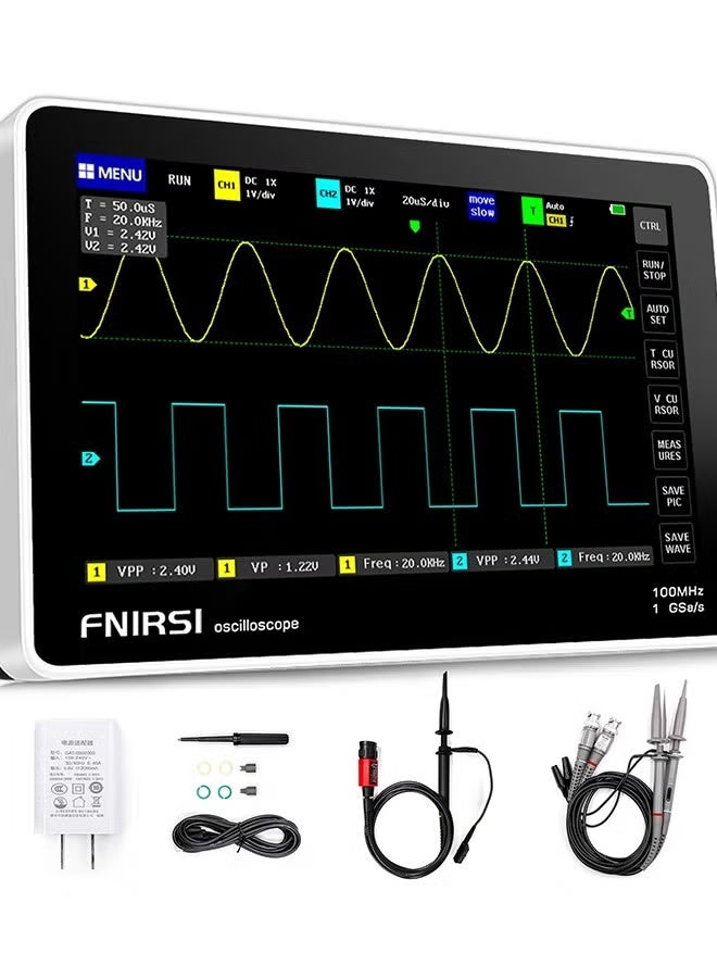 فنيرسي راسم الذبذبات FNIRSI 1013D Plus - راسم ذبذبات لوحي محمول باليد مزود بمسبار جهد عالي 100X، قناتان، عرض نطاق ترددي 100 ميجاهرتز، معدل أخذ عينات 1 جيغا ساك/ثانية، شاشة لمس TFT LCD مقاس 7 بوصات - Image 1