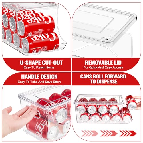 SCAVATA 2 Pack Stackable Refrigerator Organizer, Soda Can Dispenser Pop Cans Container Beverage Holder with Lid for Fridge, Freezer, Kitchen, Clear Plastic Storage Bins-Holds 10 Cans Each (Clear) - Image 3