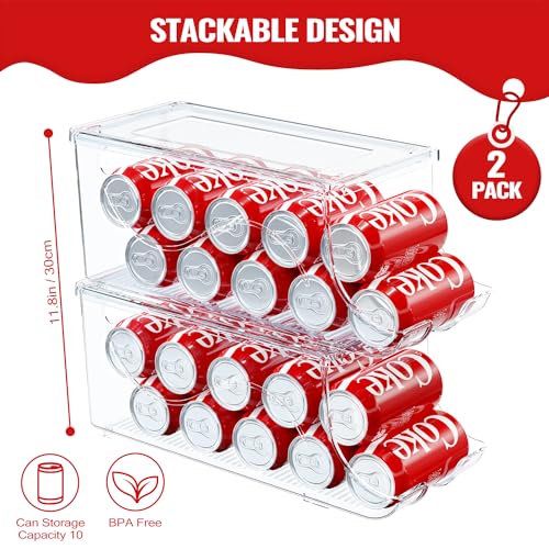SCAVATA 2 Pack Stackable Refrigerator Organizer, Soda Can Dispenser Pop Cans Container Beverage Holder with Lid for Fridge, Freezer, Kitchen, Clear Plastic Storage Bins-Holds 10 Cans Each (Clear) - Image 2