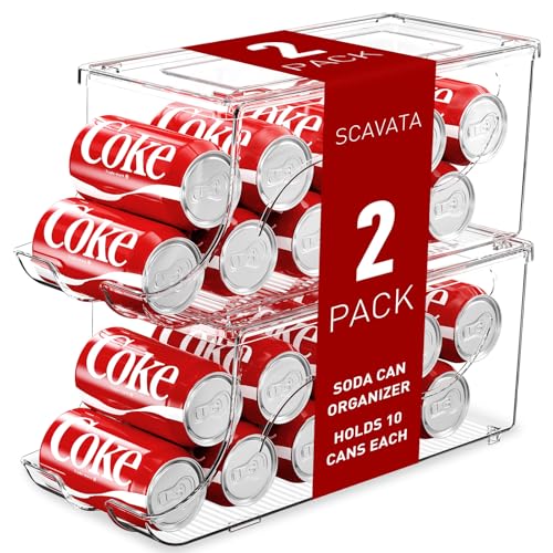 SCAVATA 2 Pack Stackable Refrigerator Organizer, Soda Can Dispenser Pop Cans Container Beverage Holder with Lid for Fridge, Freezer, Kitchen, Clear Plastic Storage Bins-Holds 10 Cans Each (Clear) - Image 1