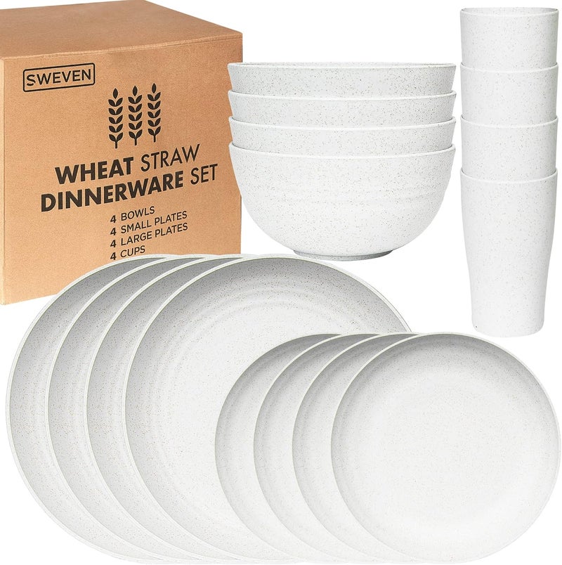 SWEVEN Wheat Straw Dinnerware Sets | Unbreakable Dinnerware Sets | Dishwasher Microwave Safe Dinnerware | Eco Friendly Non Breakable Dinnerware Sets | RV Outdoor Camping (White, Service for 4 (16 pcs)) - Image 1