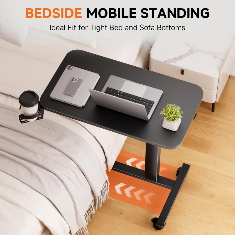 COMHOMA Adjustable Overbed Bedside Table with Lockable Wheels, Pneumatic Mobile Standing Laptop Desk, Small Standing Desk Portable Rolling Overbed Table Hospital Home Use(28" W x 16" D, Black) - Image 3