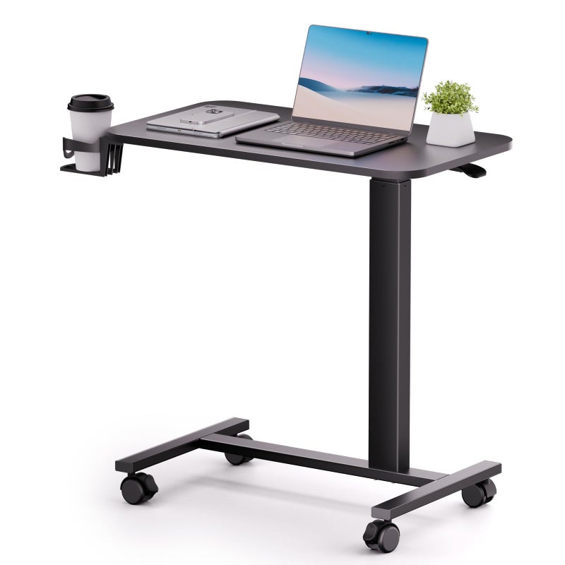COMHOMA Adjustable Overbed Bedside Table with Lockable Wheels, Pneumatic Mobile Standing Laptop Desk, Small Standing Desk Portable Rolling Overbed Table Hospital Home Use(28" W x 16" D, Black) - Image 1