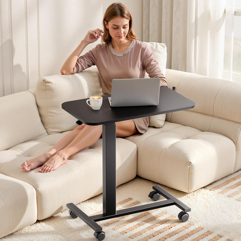 COMHOMA Adjustable Overbed Bedside Table with Lockable Wheels, Pneumatic Mobile Standing Laptop Desk, Small Standing Desk Portable Rolling Overbed Table Hospital Home Use(28" W x 16" D, Black) - Image 5