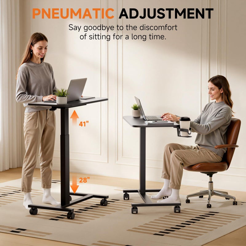 COMHOMA Adjustable Overbed Bedside Table with Lockable Wheels, Pneumatic Mobile Standing Laptop Desk, Small Standing Desk Portable Rolling Overbed Table Hospital Home Use(28" W x 16" D, Black) - Image 2