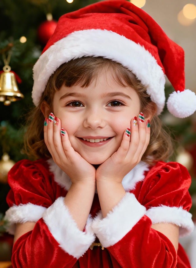 EBANKU Christmas 24 Pieces Press-On Nails for Kids, Christmas Tree Artificial Nails, Short Artificial Fingernail Sets with Nail Tools for Girls - Image 5