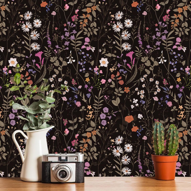 Wallpaper SelfAdhesive Blooming Vintage Colourful Flowers WallPaper for Bedroom Living Room Cabinet Peel and Stick Beige Sketch Little Flowers Wallpaper Mural 142 sq feet 1181x173 Black