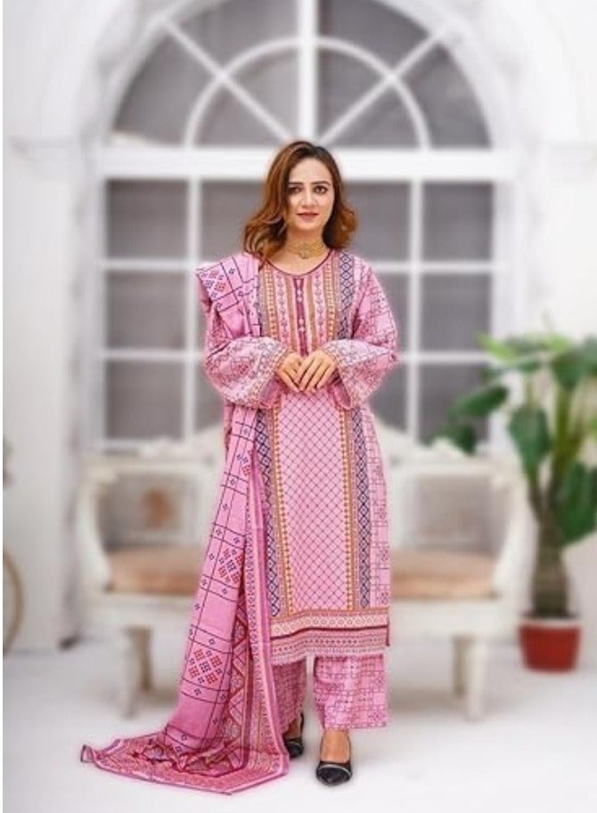 وينشيلز شالوار قميص مطبوع - ملابس باكستانية أنيقة ومريحة باللون الوردي - مقاس متوسط - Image 3