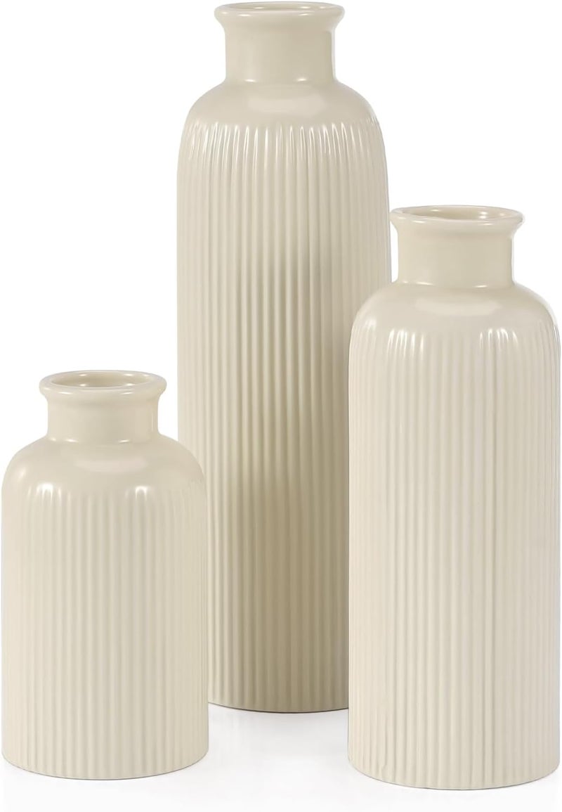 GUKJOB Small Beige Ceramic Vase Set of 3, Boho Modern Beige Flower Vase Room Decor, Farmhouse Decor, Vases for Your Kitchen, Bathroom, Bedroom, Living Room, Office&Shelf Centerpiece Table Decorations - Image 1