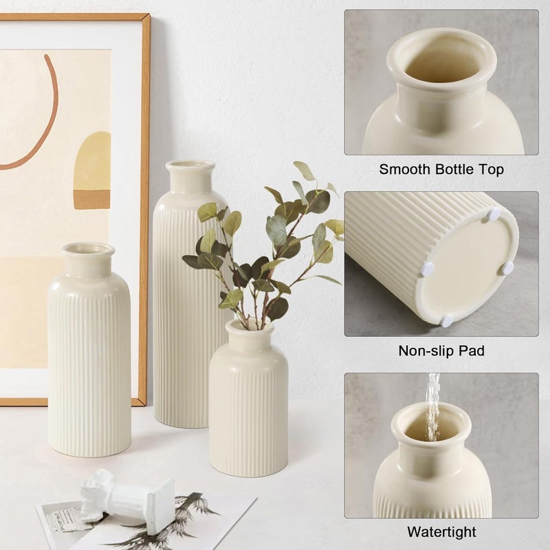 GUKJOB Small Beige Ceramic Vase Set of 3, Boho Modern Beige Flower Vase Room Decor, Farmhouse Decor, Vases for Your Kitchen, Bathroom, Bedroom, Living Room, Office&Shelf Centerpiece Table Decorations - Image 5
