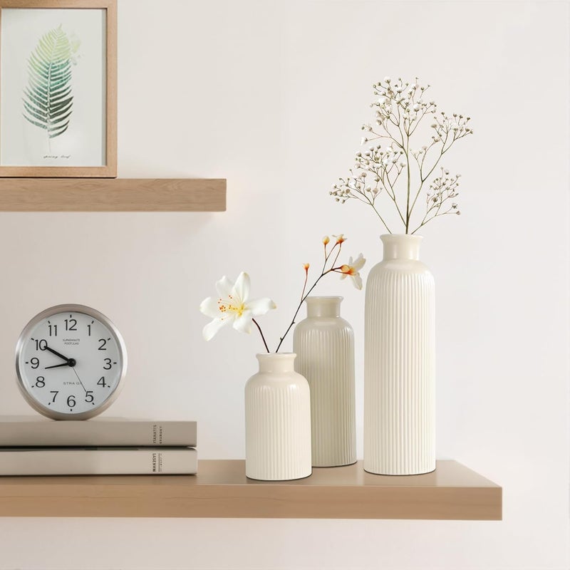 GUKJOB Small Beige Ceramic Vase Set of 3, Boho Modern Beige Flower Vase Room Decor, Farmhouse Decor, Vases for Your Kitchen, Bathroom, Bedroom, Living Room, Office&Shelf Centerpiece Table Decorations - Image 4