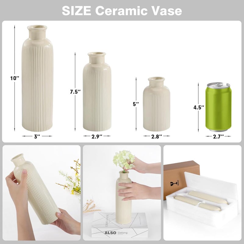 GUKJOB Small Beige Ceramic Vase Set of 3, Boho Modern Beige Flower Vase Room Decor, Farmhouse Decor, Vases for Your Kitchen, Bathroom, Bedroom, Living Room, Office&Shelf Centerpiece Table Decorations - Image 2