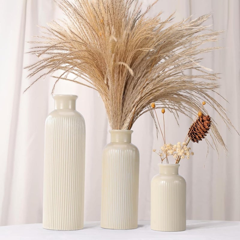 GUKJOB Small Beige Ceramic Vase Set of 3, Boho Modern Beige Flower Vase Room Decor, Farmhouse Decor, Vases for Your Kitchen, Bathroom, Bedroom, Living Room, Office&Shelf Centerpiece Table Decorations - Image 3