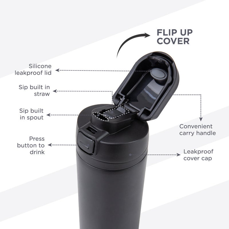 HydroBrew SipSwitch™ Insulated Water Bottle 720ml – Leakproof, Stainless Steel, Straw & Spout Lid -Carbon - Image 4