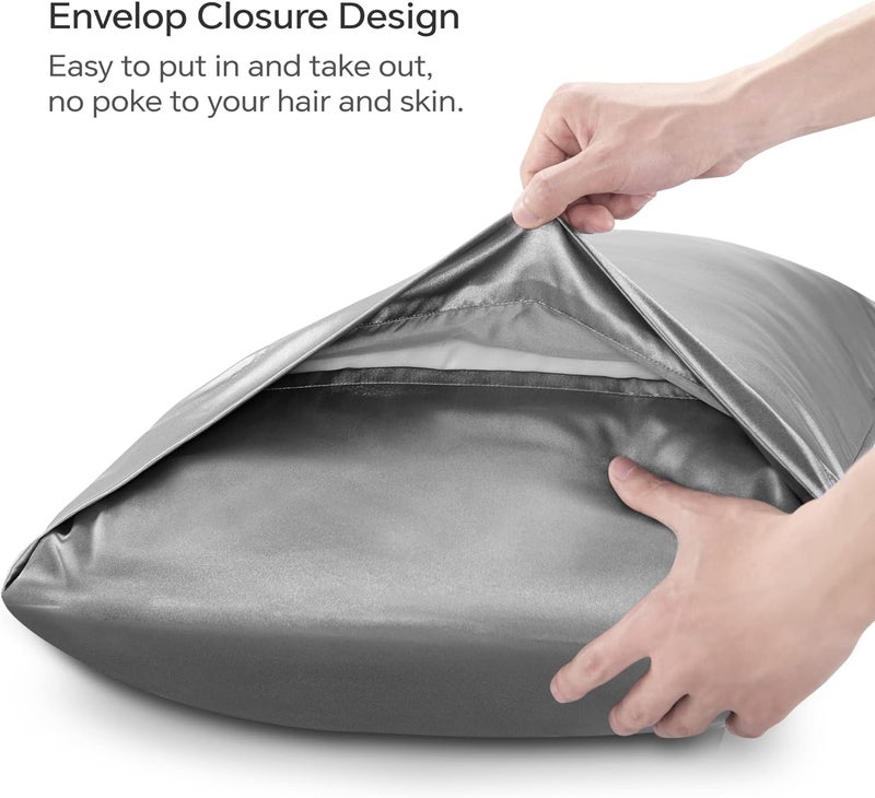 GO WELL solid Satin Silk Pillow Covers Pack of 2 for Hair and Skin-with Satin Scrunchies for Women Stylish|Satin Pillow coer for Hair and Skin for Women 3-Piece|Silk Pillow case (Dark Grey, 600TC) - Image 5
