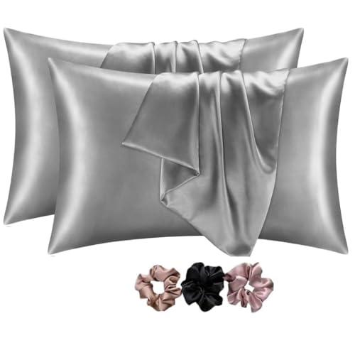 GO WELL solid Satin Silk Pillow Covers Pack of 2 for Hair and Skin-with Satin Scrunchies for Women Stylish|Satin Pillow coer for Hair and Skin for Women 3-Piece|Silk Pillow case (Dark Grey, 600TC) - Image 1