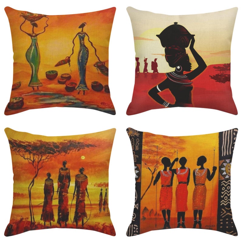 ArtSocket Set of 4 Linen Throw Pillow Covers Oil Painting African Art Ethnic Tribe Lady Livingroom Lips Decorative Pillow Cases Home Decor Square 18x18 inches Pillowcases