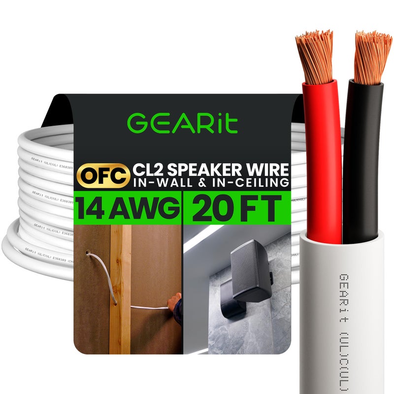 GearIT GearIT 14/2 Speaker Wire (20 Feet) 14AWG Gauge - Fire Safety in Wall Rated Audio Speaker Wire Cable / CL2 Rated / 2 Conductors - OFC Oxygen-Free Copper, White 20ft  - Image 1