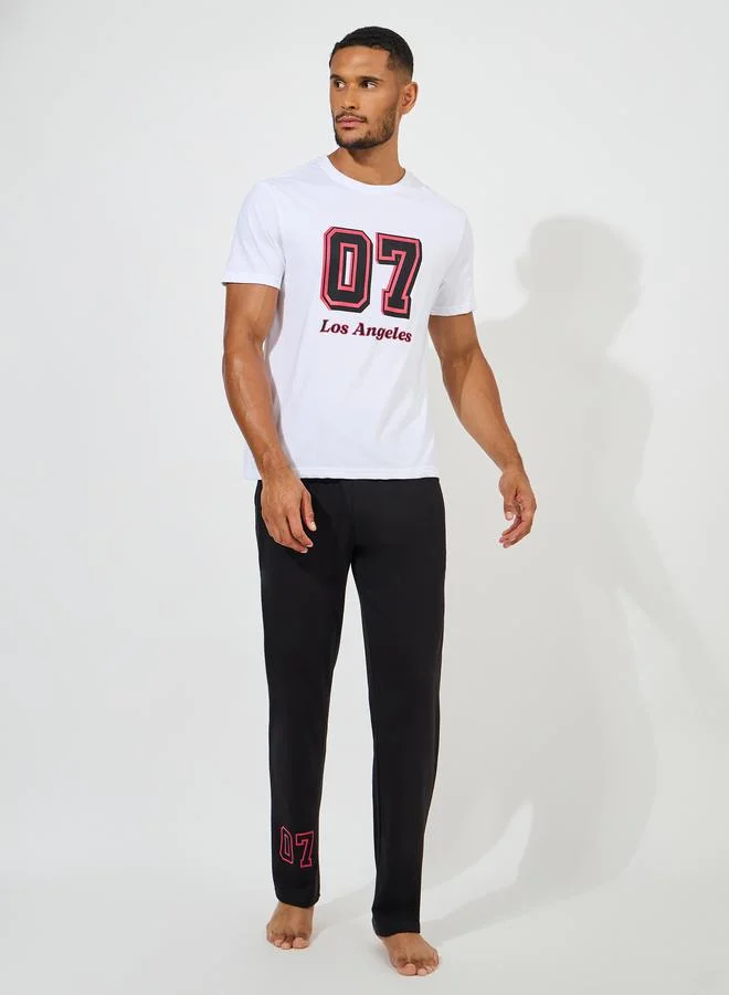 ستايلي Varsity Print T-Shirt & Straight Pyjama Set