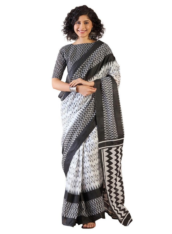 saree mall ساري مول ساري نسائي أبيض قطن مطبوع هندسي جاهز للارتداء ساري دقيقة واحدة مع قطعة بلوزة غير مخيطة (RTWMINAXI7201_SMC) - Image 1