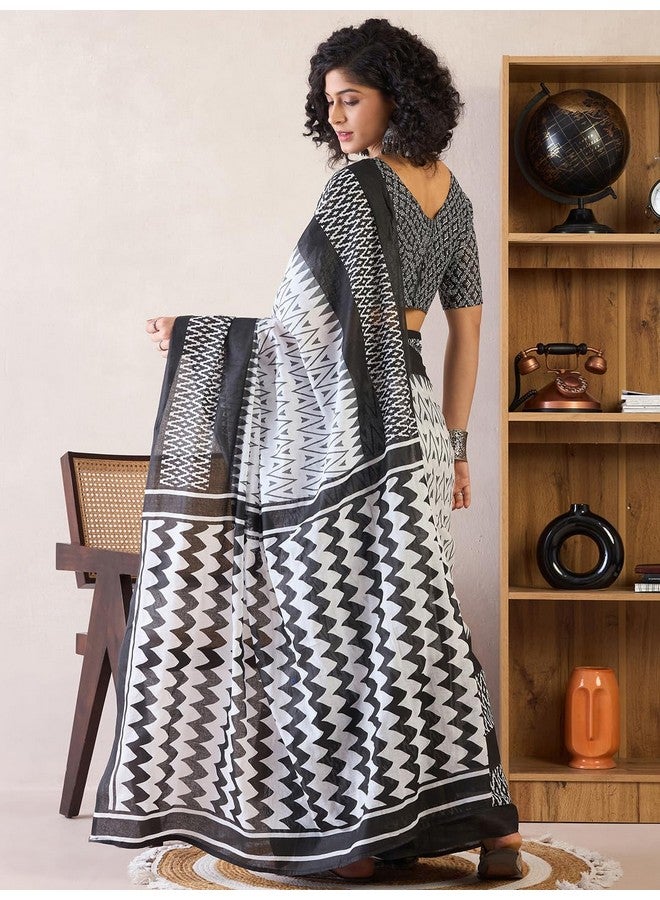 saree mall ساري مول ساري نسائي أبيض قطن مطبوع هندسي جاهز للارتداء ساري دقيقة واحدة مع قطعة بلوزة غير مخيطة (RTWMINAXI7201_SMC) - Image 3