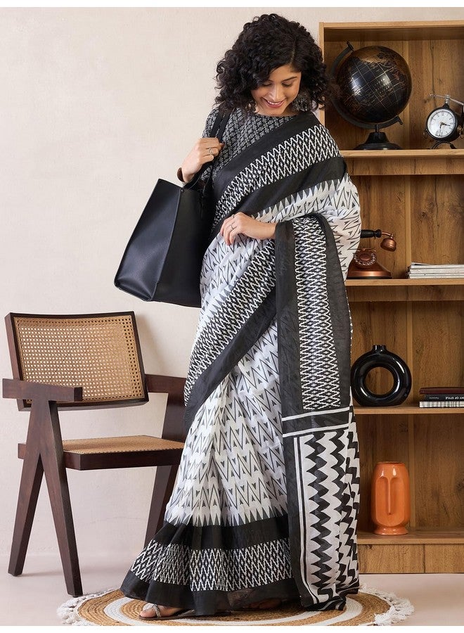 saree mall ساري مول ساري نسائي أبيض قطن مطبوع هندسي جاهز للارتداء ساري دقيقة واحدة مع قطعة بلوزة غير مخيطة (RTWMINAXI7201_SMC) - Image 5