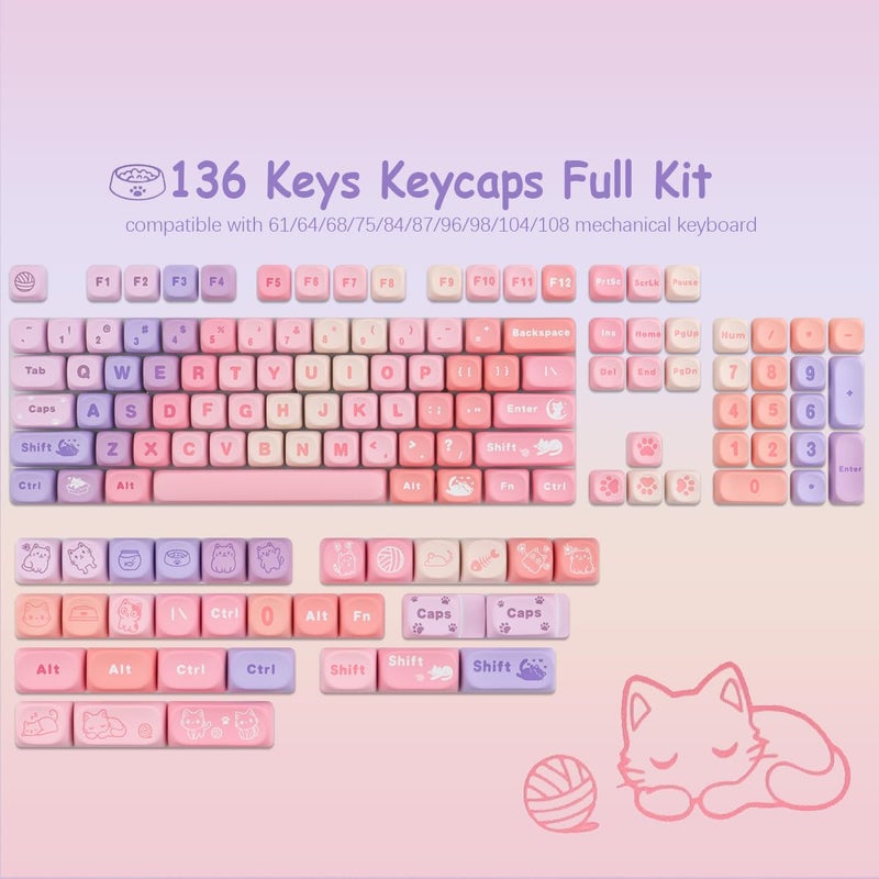 TYRIXKI PBT Keycaps 136 Keys MOA Keycaps, Gradient Cat Keycap Dye-Sublimation Cute Custom Keycap Set for Cherry Gateron MX Swithes Mechanical Gaming Keyboards - Image 3