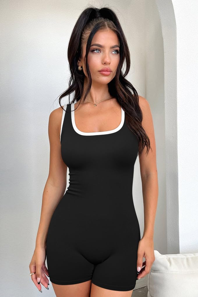 OQQ Women Rompers Sleeveless Square Neck Stretch Contrast Workout Active Tank Romper Black - Image 2