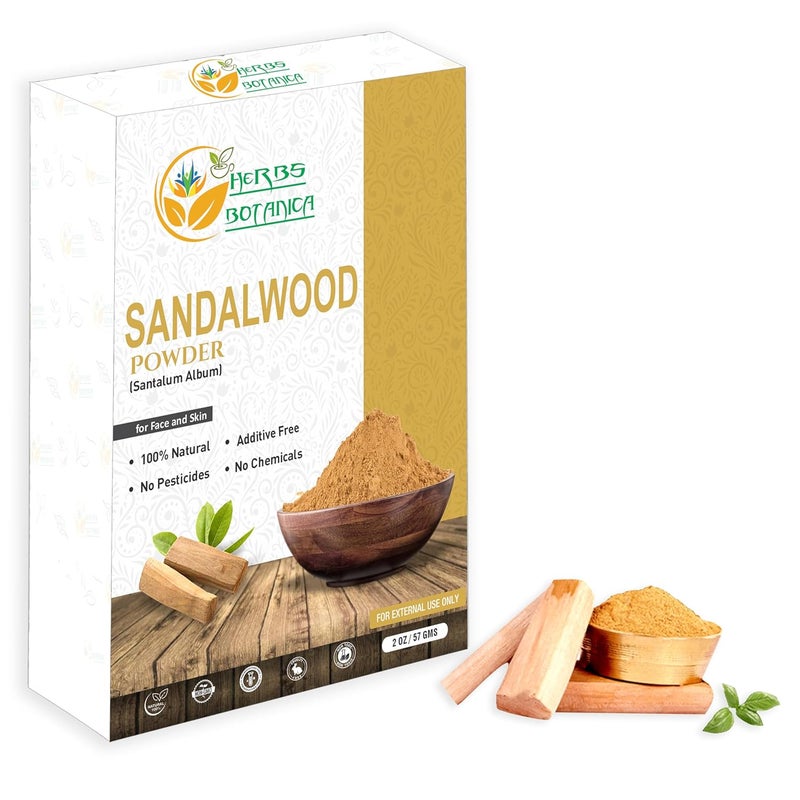 HERBS BOTANICA مسحوق خشب الصندل الطبيعي من هيربس بوتانيكا 2 أونصة لوجه البشرة حزمة وجه قناع عبادة تيلك المناسبات السعيدة 100% طبيعي مهدئ منظف تجاعيد