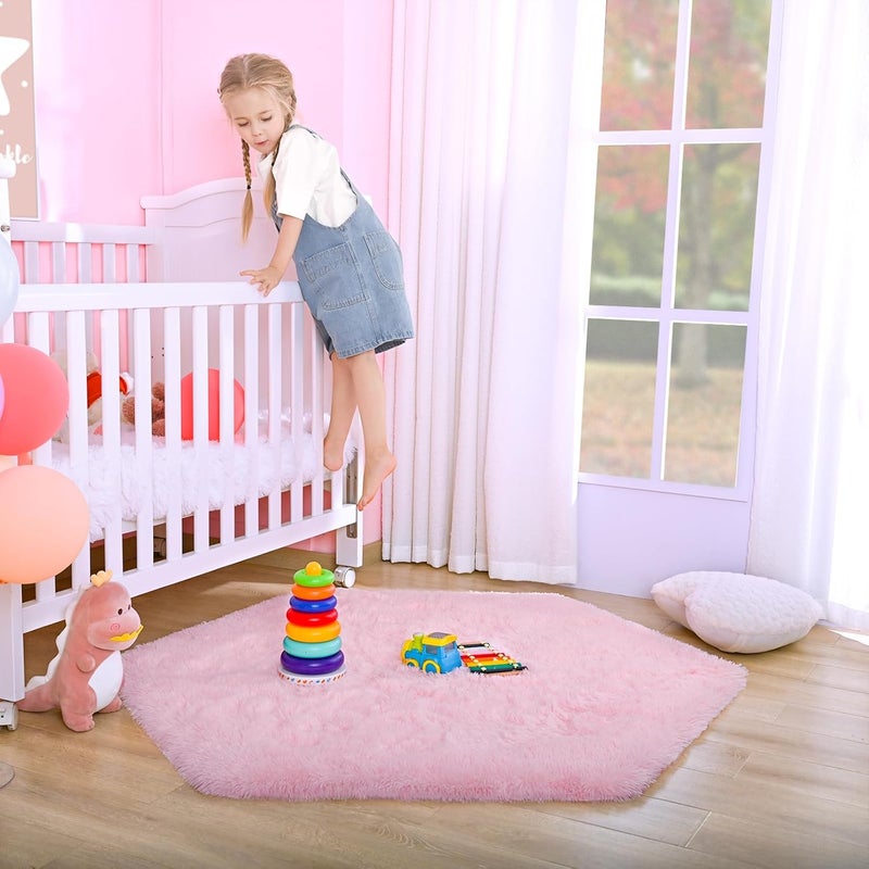 junovo Ultra Soft Rug for Nursery Children Room Baby Room Home Decor Dormitory Hexagon Carpet for Playhouse Princess Tent Kids Play Castle, Diameter 4.6 ft, Pink - Image 4