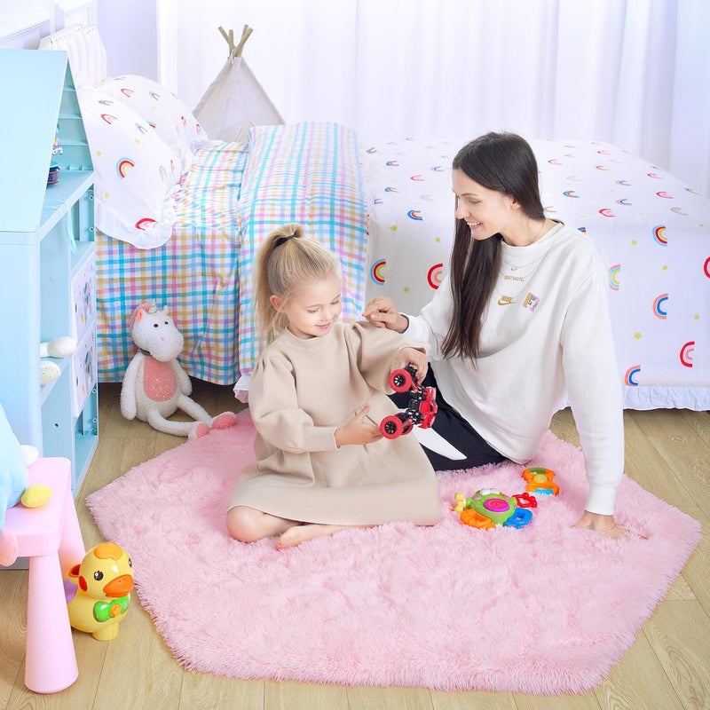 junovo Ultra Soft Rug for Nursery Children Room Baby Room Home Decor Dormitory Hexagon Carpet for Playhouse Princess Tent Kids Play Castle, Diameter 4.6 ft, Pink - Image 3