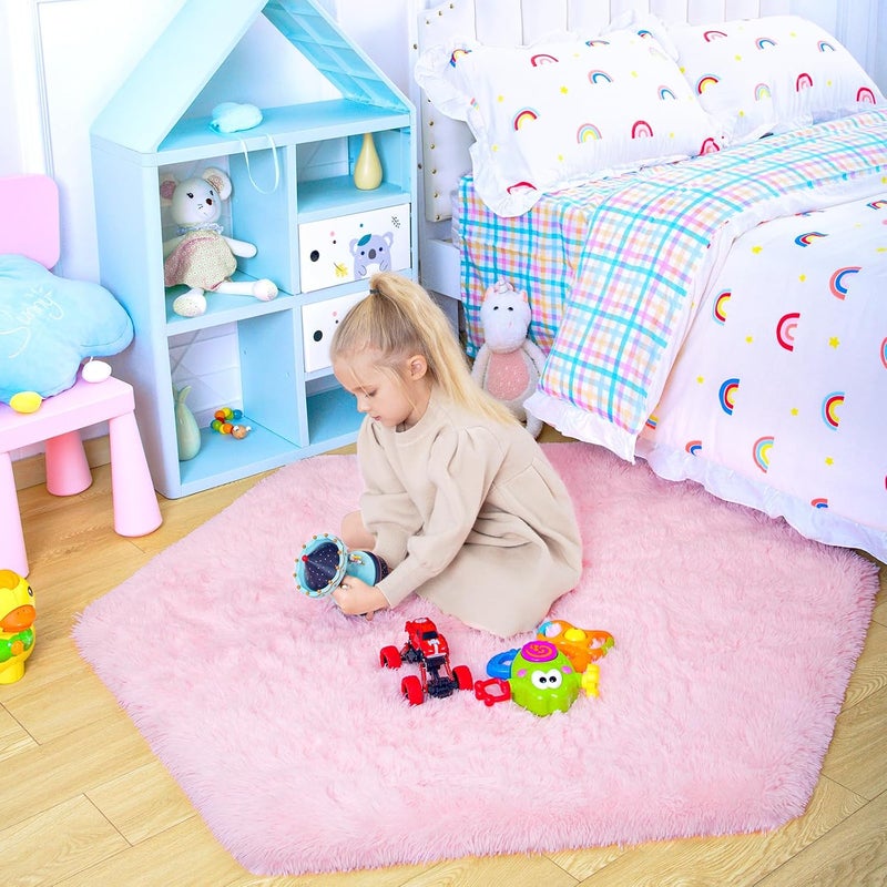 junovo Ultra Soft Rug for Nursery Children Room Baby Room Home Decor Dormitory Hexagon Carpet for Playhouse Princess Tent Kids Play Castle, Diameter 4.6 ft, Pink - Image 2