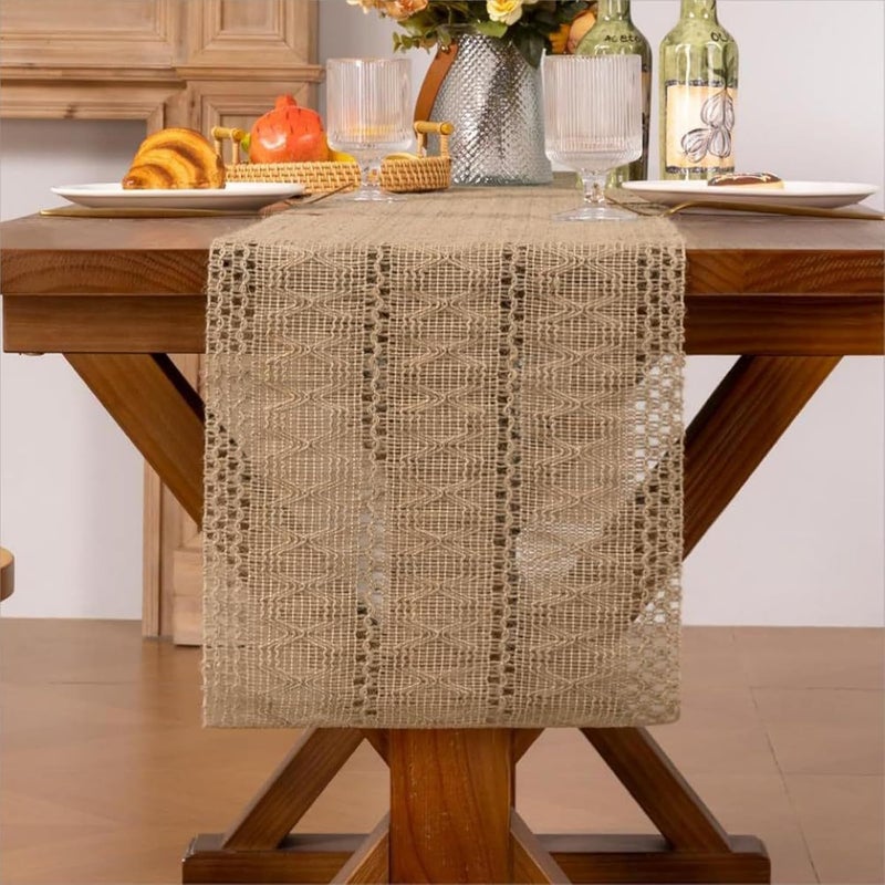 Burlap Boho Table Runner for Fall Home Decor - 72 Inches Long, Rustic Macrame Woven Coffee Table Runner - Image 5
