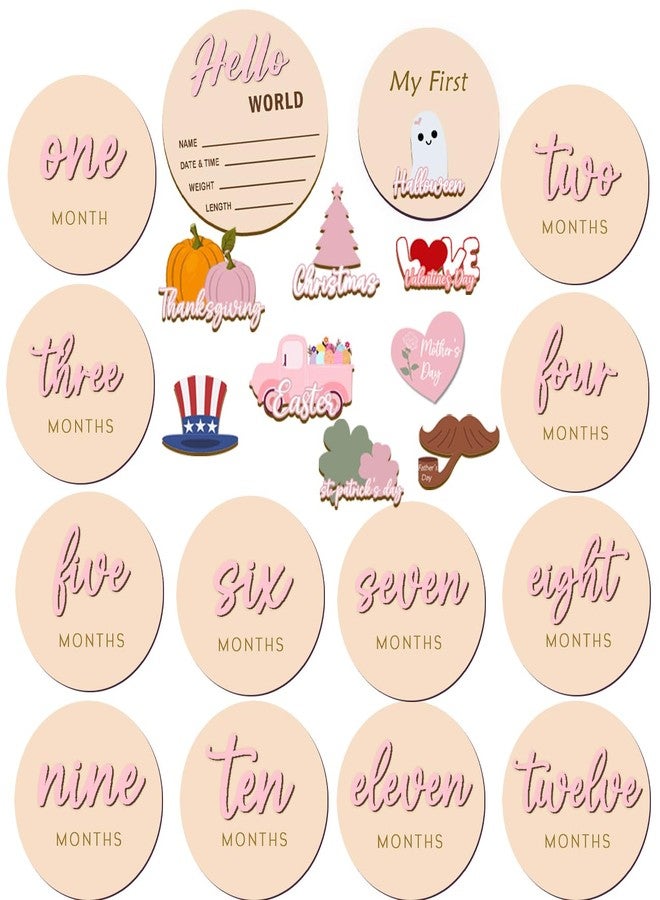cephira Monthly Baby Milestone Maker Discs, Baby Milestone Signs for Newborn Baby, Hello World Newborn Sign for Baby Girl & Boy, Baby Announcement Sign for 1-12 Month, Milestone Wooden Circles (Pink) - Image 1