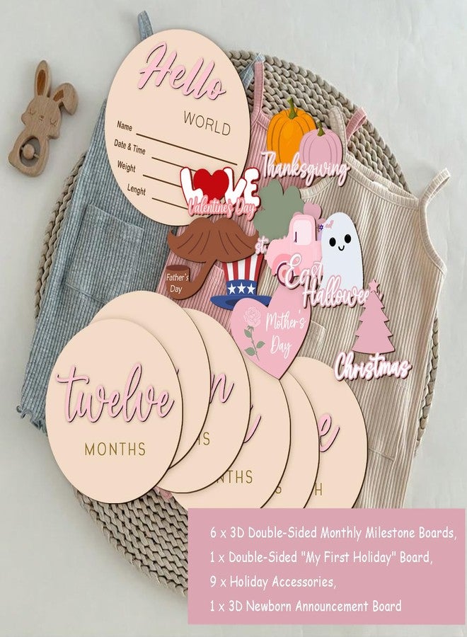 cephira Monthly Baby Milestone Maker Discs, Baby Milestone Signs for Newborn Baby, Hello World Newborn Sign for Baby Girl & Boy, Baby Announcement Sign for 1-12 Month, Milestone Wooden Circles (Pink) - Image 2