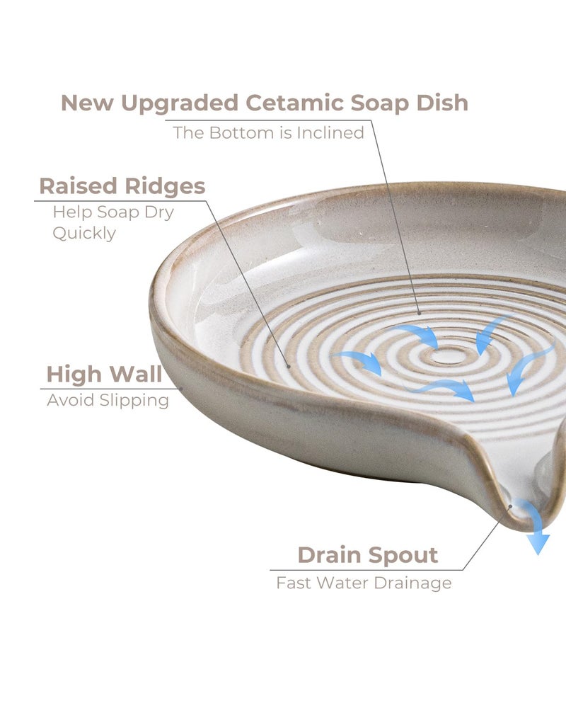 Zoeeker Soap Dish with Drain, Ceramic Soap Holder Self Draining Bar Soap Saver with Waterfall Design for Shower Bathroom Kitchen Sink Bathtub, Beige White - Image 3