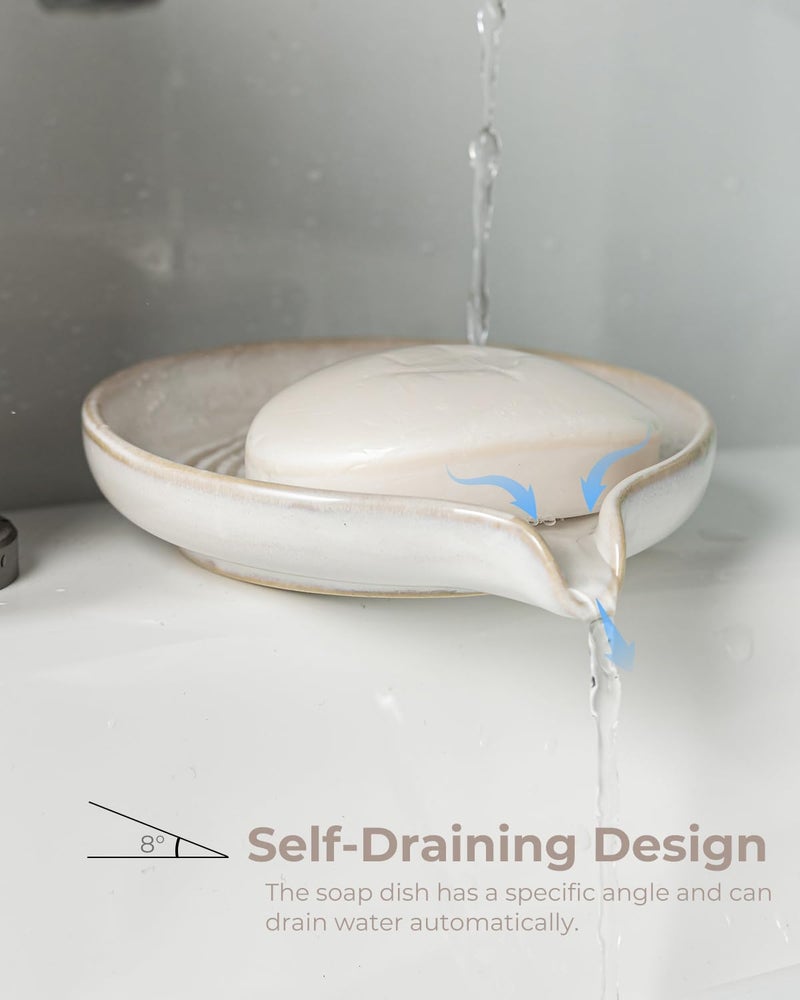 Zoeeker Soap Dish with Drain, Ceramic Soap Holder Self Draining Bar Soap Saver with Waterfall Design for Shower Bathroom Kitchen Sink Bathtub, Beige White - Image 4