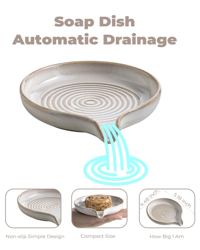 Zoeeker Soap Dish with Drain, Ceramic Soap Holder Self Draining Bar Soap Saver with Waterfall Design for Shower Bathroom Kitchen Sink Bathtub, Beige White - Image 2