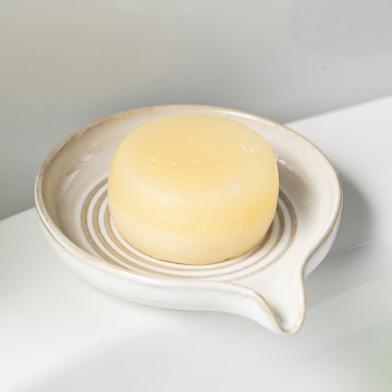 Zoeeker Soap Dish with Drain, Ceramic Soap Holder Self Draining Bar Soap Saver with Waterfall Design for Shower Bathroom Kitchen Sink Bathtub, Beige White - Image 1