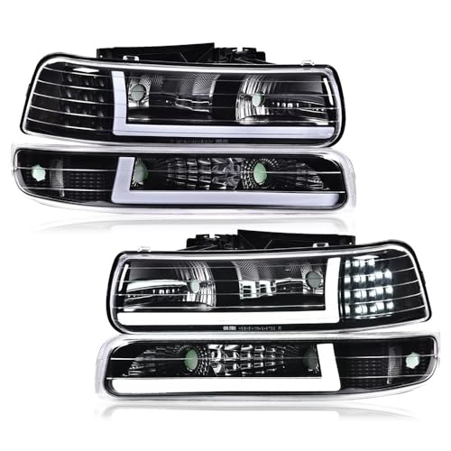 GPLUS مصابيح LED DRL من G-PLUS متوافقة مع شيفروليه سيلفرادو 1999-2002/تناسب سيلفرادو 1500HD 2500HD 2001-2002/تناسب تاهو سوبربان 1500 2500 00-06، مصباح أمامي، عدسة شفافة، هيكل أسود، عاكس شفاف - Image 1