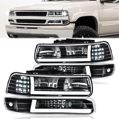 GPLUS مصابيح LED DRL من G-PLUS متوافقة مع شيفروليه سيلفرادو 1999-2002/تناسب سيلفرادو 1500HD 2500HD 2001-2002/تناسب تاهو سوبربان 1500 2500 00-06، مصباح أمامي، عدسة شفافة، هيكل أسود، عاكس شفاف - Image 2