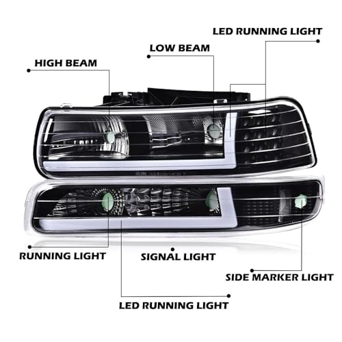 GPLUS مصابيح LED DRL من G-PLUS متوافقة مع شيفروليه سيلفرادو 1999-2002/تناسب سيلفرادو 1500HD 2500HD 2001-2002/تناسب تاهو سوبربان 1500 2500 00-06، مصباح أمامي، عدسة شفافة، هيكل أسود، عاكس شفاف - Image 5