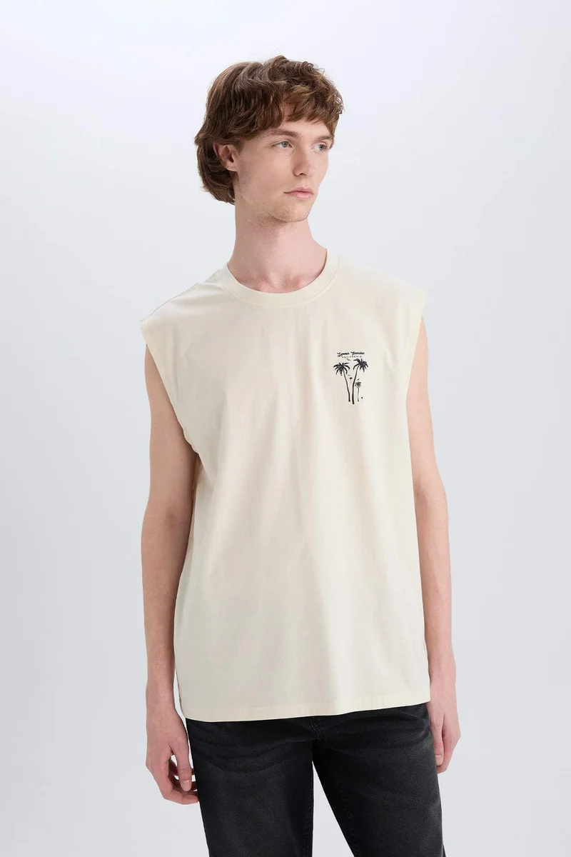 ديفاكتو Boxy Fit Printed Crew Neck Cotton Tank Top