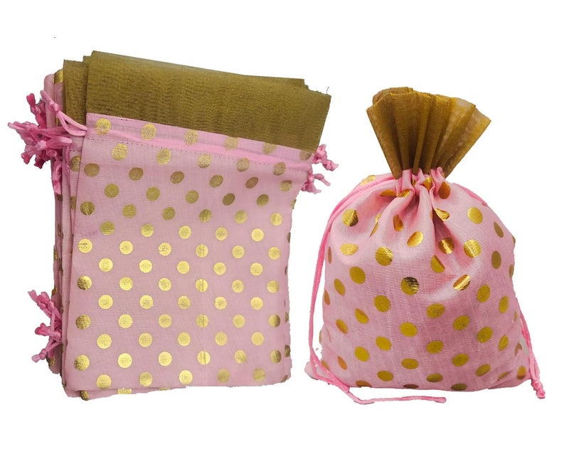 Just Flowers 18CM X 13CM Potli Bags Small Size, Drawstring Pouches, Bags for Shagun Gifts, Return Gifts, Dry Fruits (Pack of 25pc, 18CM X 13CM, Mixed Color Polka Dot) - Image 4