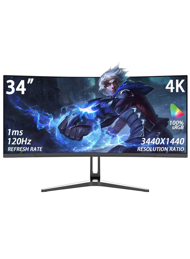 HILUKE 34" Curved WQHD 3440×1440 Gaming Monitor 120Hz, 1ms, 1500R, HDR 10, 100% sRGB PC Screen, AMD Free-Sync Premium/G-Sync Compatible, 2 x DispalyPort 1.4 & HDMI 2.0, Height/Tilt Adjustable Stand, Black - Image 1