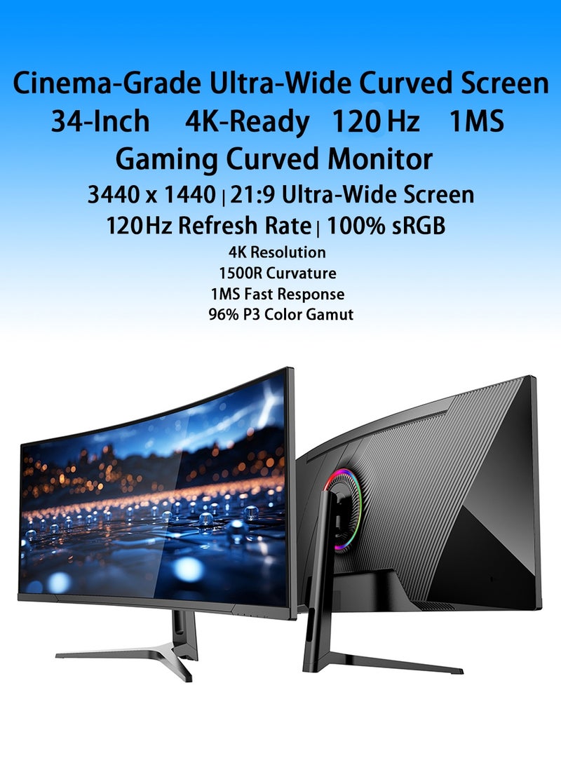 HILUKE 34" Curved WQHD 3440×1440 Gaming Monitor 120Hz, 1ms, 1500R, HDR 10, 100% sRGB PC Screen, AMD Free-Sync Premium/G-Sync Compatible, 2 x DispalyPort 1.4 & HDMI 2.0, Height/Tilt Adjustable Stand, Black - Image 2
