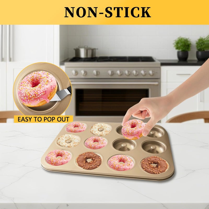 JSJMOFA Donut Pans 2 Pack, Non-Stick 12-Cavity Donut Pan for Baking, Carbon Steel Doughnut Trays for Mini Bagels and Cake, Doughnut Bakeware Oven Baking (Gold) - Image 2