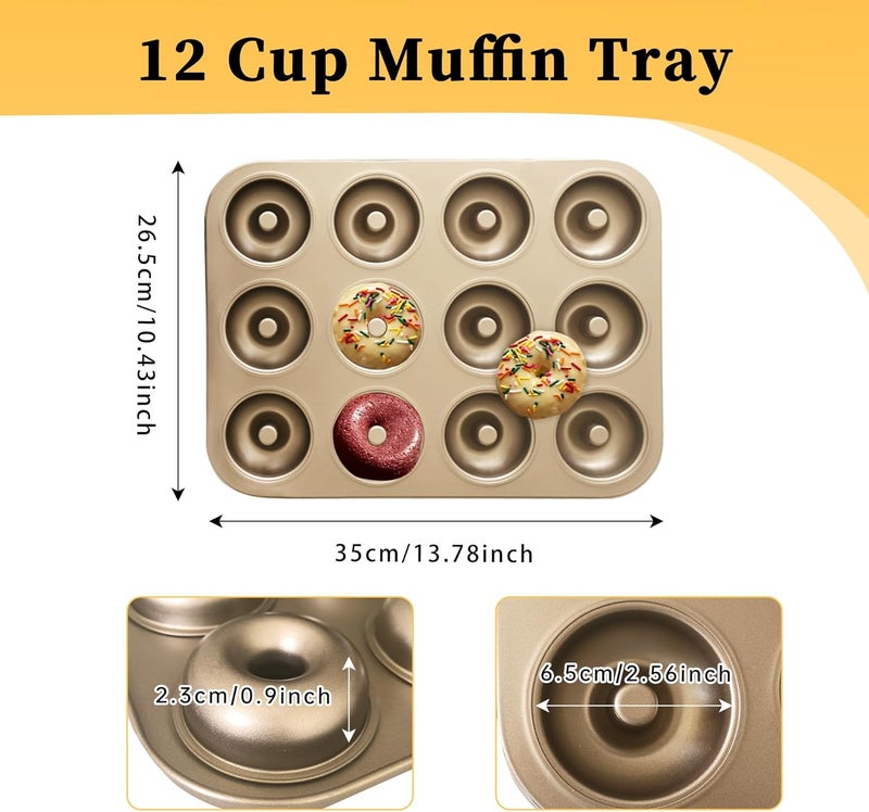 JSJMOFA Donut Pans 2 Pack, Non-Stick 12-Cavity Donut Pan for Baking, Carbon Steel Doughnut Trays for Mini Bagels and Cake, Doughnut Bakeware Oven Baking (Gold) - Image 3
