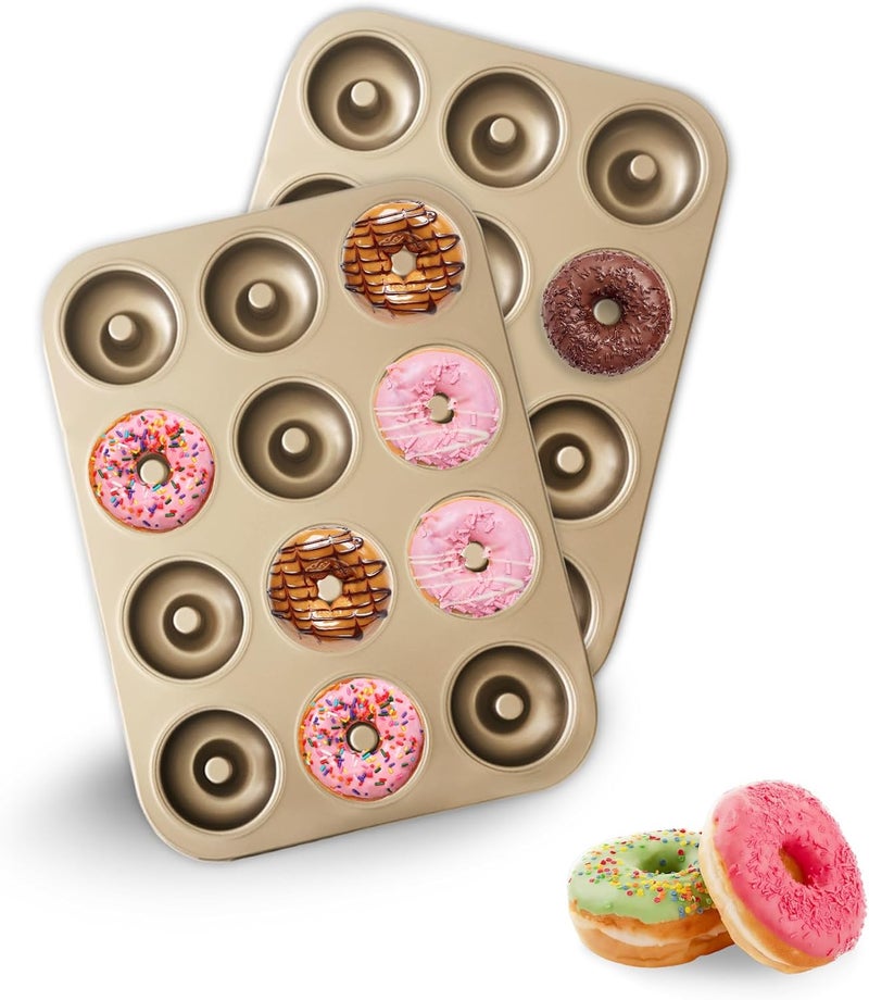 JSJMOFA Donut Pans 2 Pack, Non-Stick 12-Cavity Donut Pan for Baking, Carbon Steel Doughnut Trays for Mini Bagels and Cake, Doughnut Bakeware Oven Baking (Gold) - Image 1